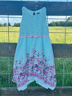 Pink Violet‎ Girls Aqua Floral Lace Handkerchief Hem Dress Size L 10/12 Spring